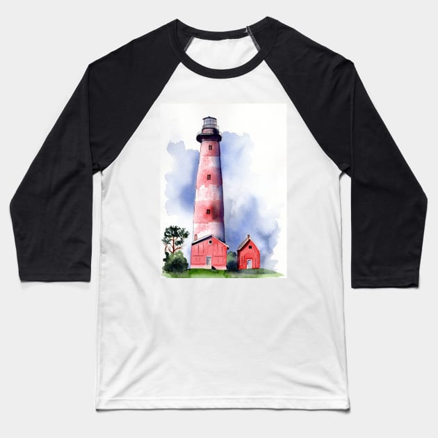 Assateague Lighthouse Watercolor Painting Baseball T-Shirt by Sandraartist